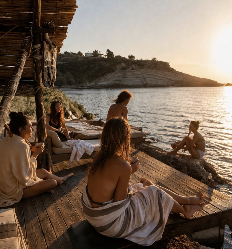 Group sitting together on the private beach deck at sunset